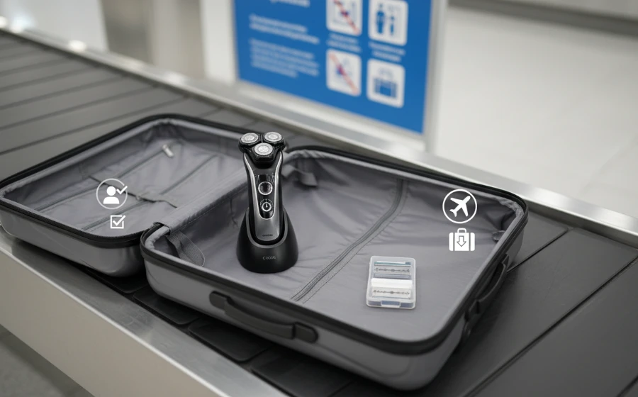 電動刮鬍刀與傳統手動刮鬍刀放在行李箱上的對比圖