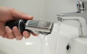 電動刮鬍刀拆解清洗示意圖，展示刀頭內的鬍渣與水流沖洗過程