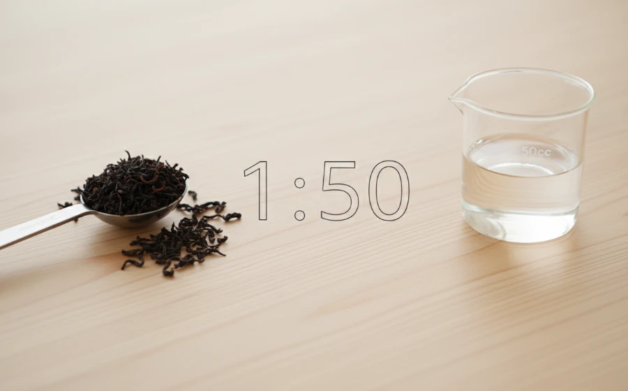 煮紅茶的黃金比例示意圖，顯示茶葉與水的1比50比例