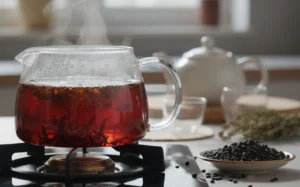 古早味紅茶製作過程，鍋中煮沸的深色茶湯與決明子