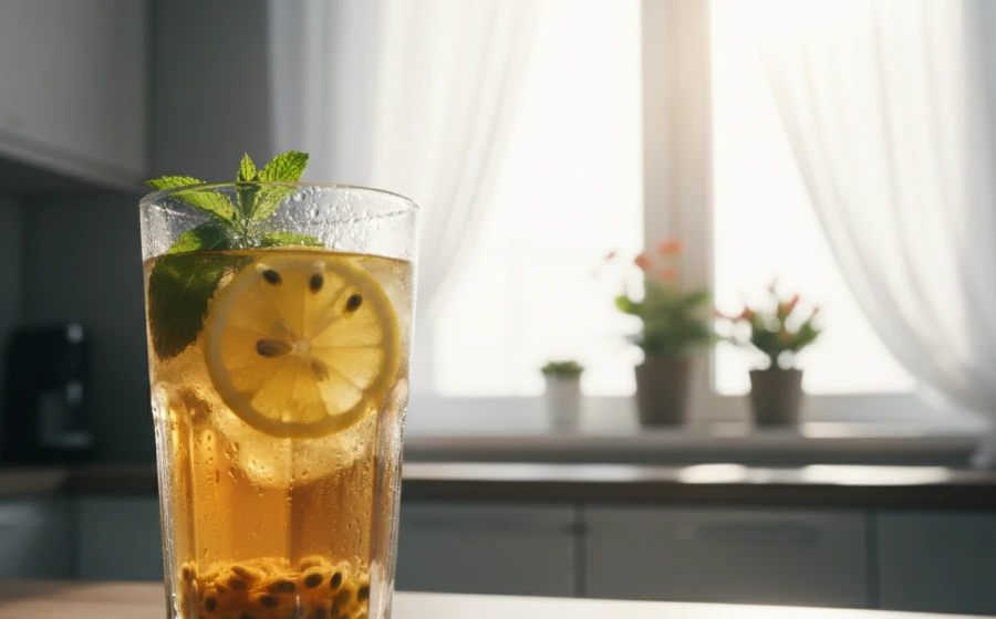清爽水果冰茶，杯中放滿檸檬片與百香果
