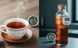 紅玉紅茶泡法示意圖，展示熱泡與冷泡的茶湯色澤差異