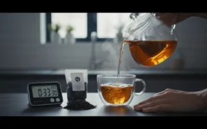 正在計時沖泡紅茶的畫面，旁邊放著茶包與熱水壺