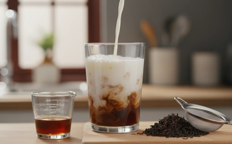 鮮奶茶專用紅茶煮法比例示意圖，展示深紅色濃茶湯與鮮奶的分層