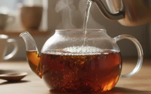 阿薩姆紅茶沖泡過程中，熱水注入茶葉的瞬間特寫，顯示茶湯顏色變化
