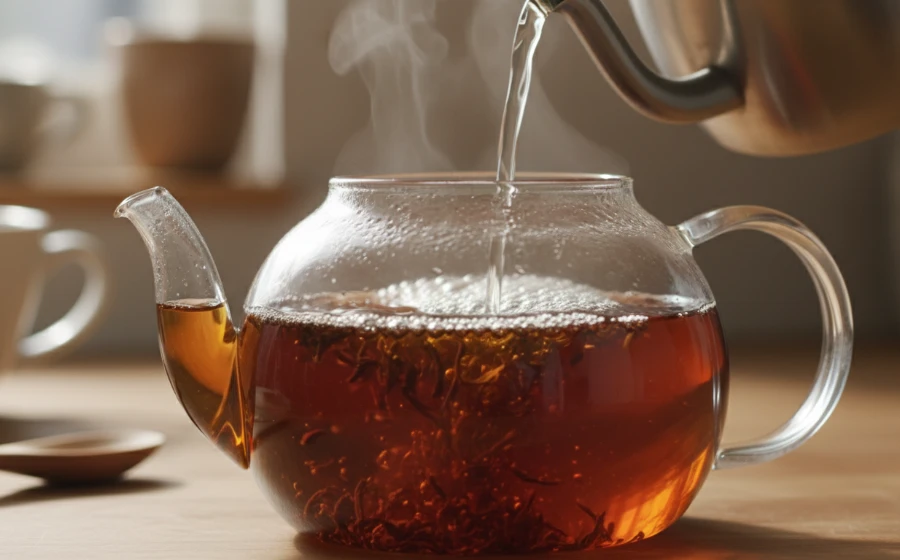 阿薩姆紅茶沖泡過程中，熱水注入茶葉的瞬間特寫，顯示茶湯顏色變化