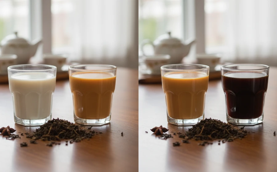 不同比例的阿薩姆紅茶與牛奶分層對比圖